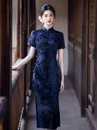 Tibetan Blue Cheongsam with ink-dye patterns and elegant vintage slim-fit summer design