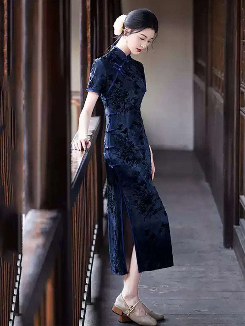 Tibetan Blue Cheongsam with ink-dye patterns and elegant vintage slim-fit summer design