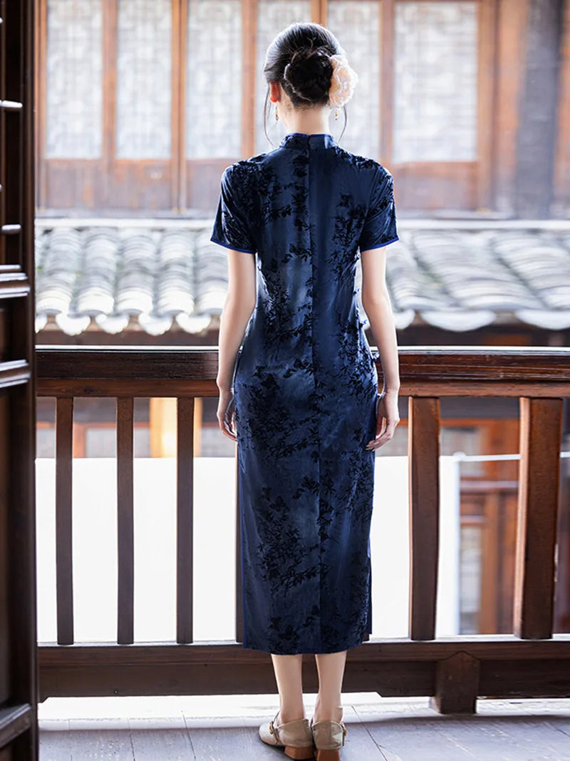 Tibetan Blue Cheongsam with ink-dye patterns and elegant vintage slim-fit summer design