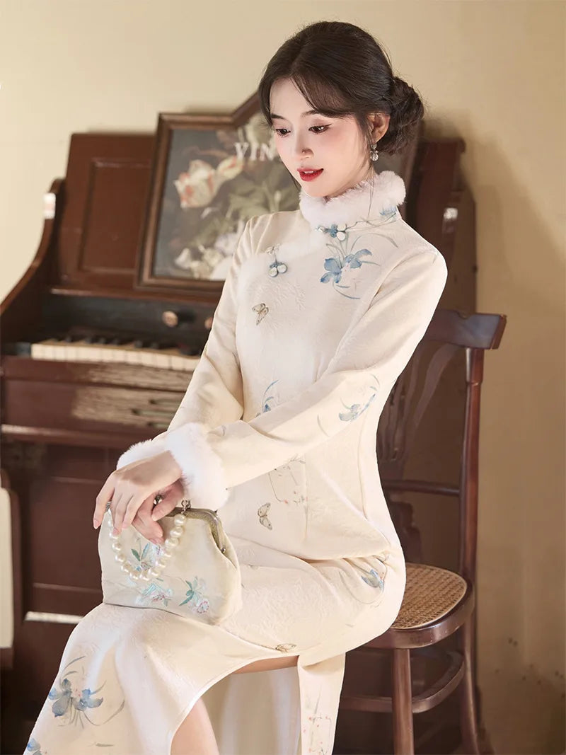 Traditional Winter Qipao in embroidered suede with plush collar and warm lining