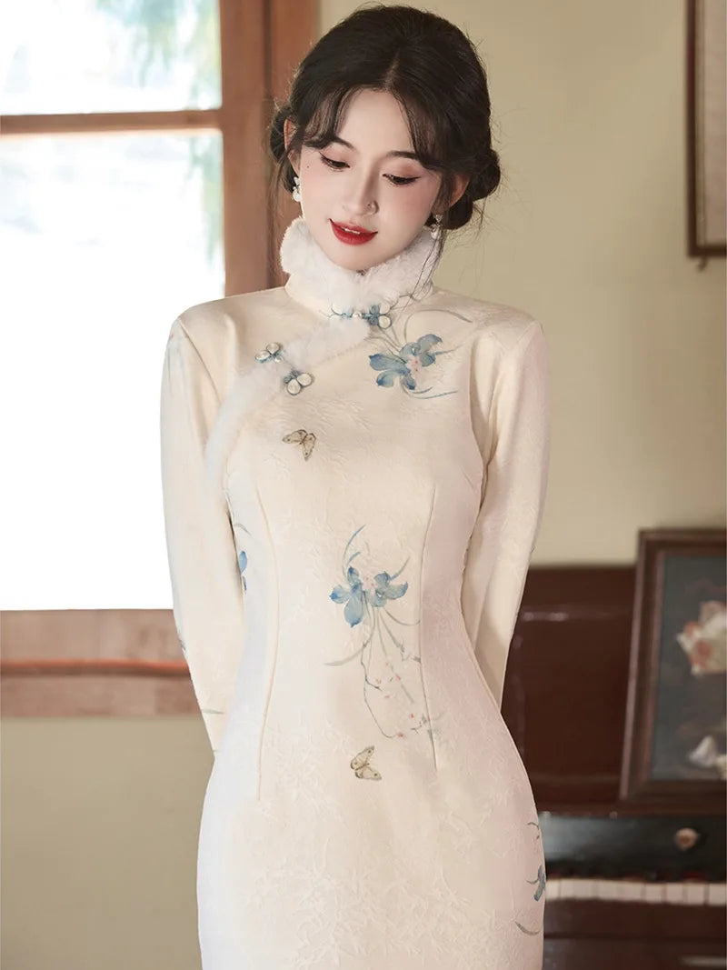 Traditional Winter Qipao in embroidered suede with plush collar and warm lining