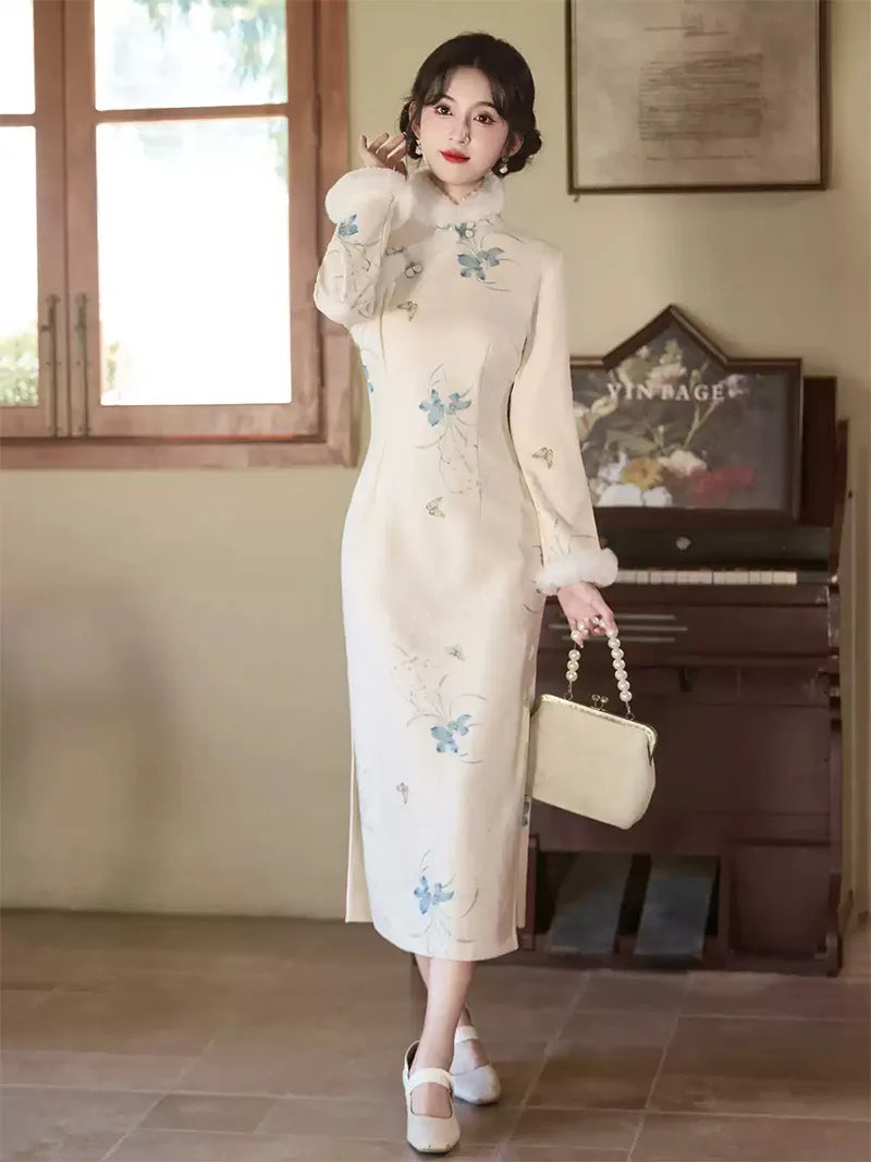 Traditional Winter Qipao in embroidered suede with plush collar and warm lining