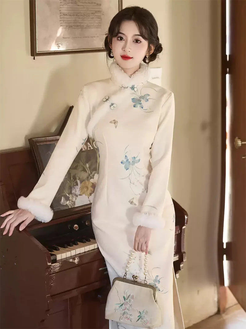 Traditional Winter Qipao in embroidered suede with plush collar and warm lining