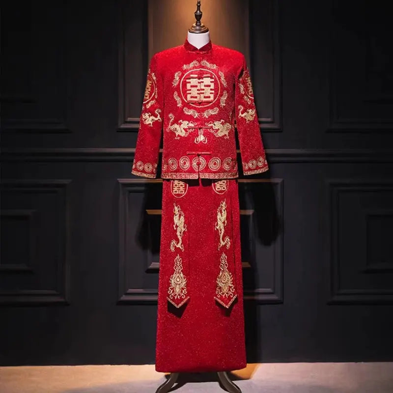 Traditional Chinese Groom Wedding Outfit | Red Embroidered Dragon Suit