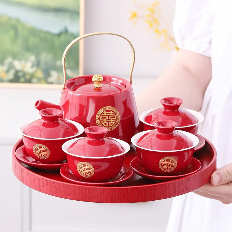 Traditional Chinese Red  Double Happiness Wedding Tea Set | Forever Joy