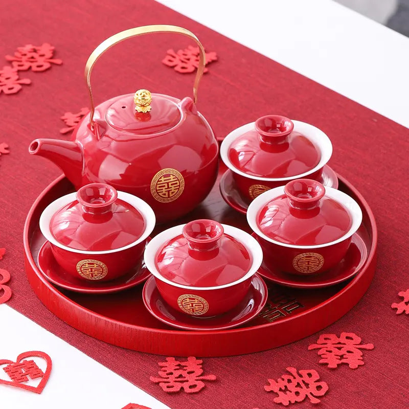 Traditional Chinese Wedding Double Happiness Tea Set | Golden Harmony