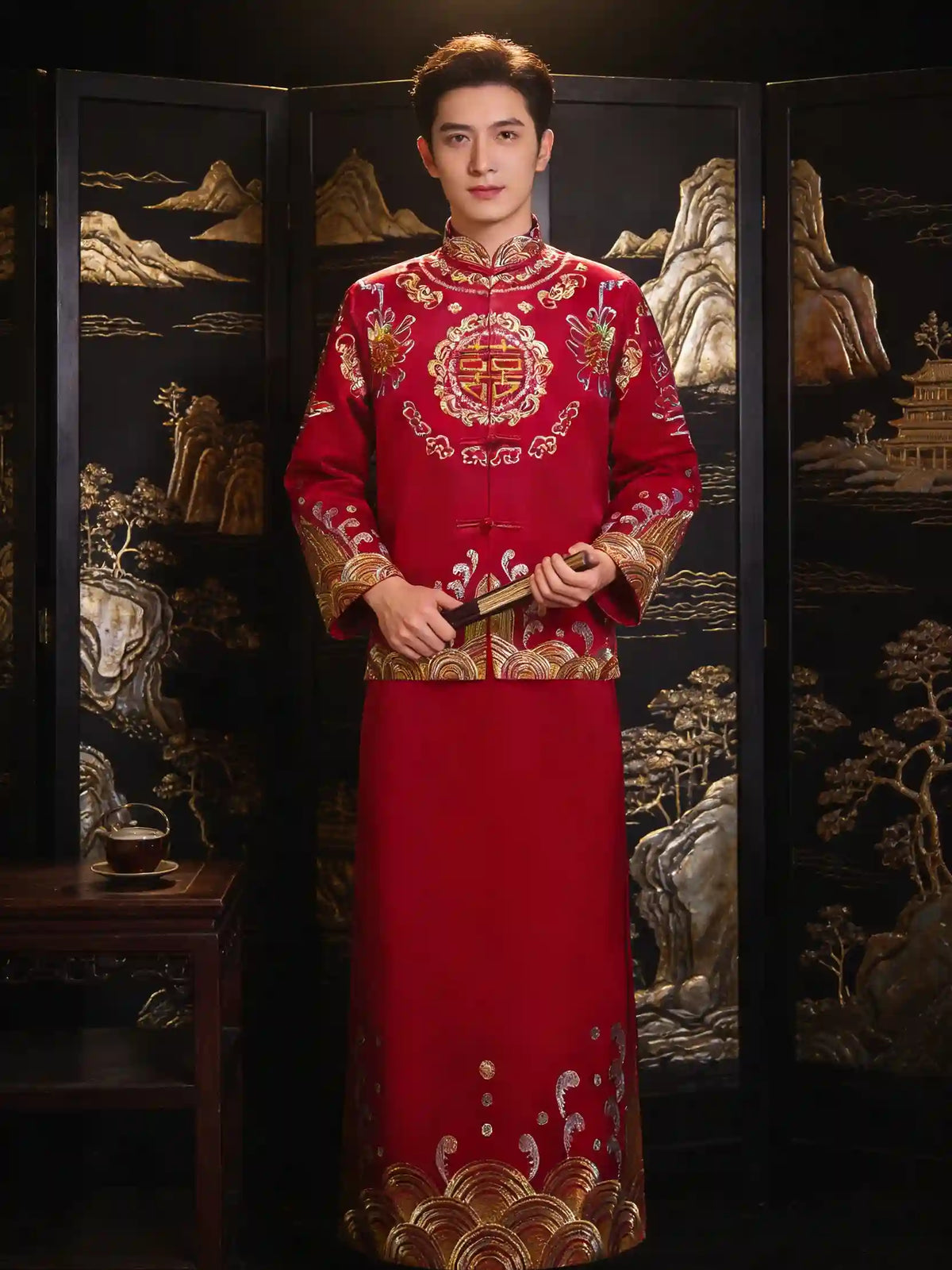 Traditional Red and Gold Double happiness Groom's Tang Suit Gown