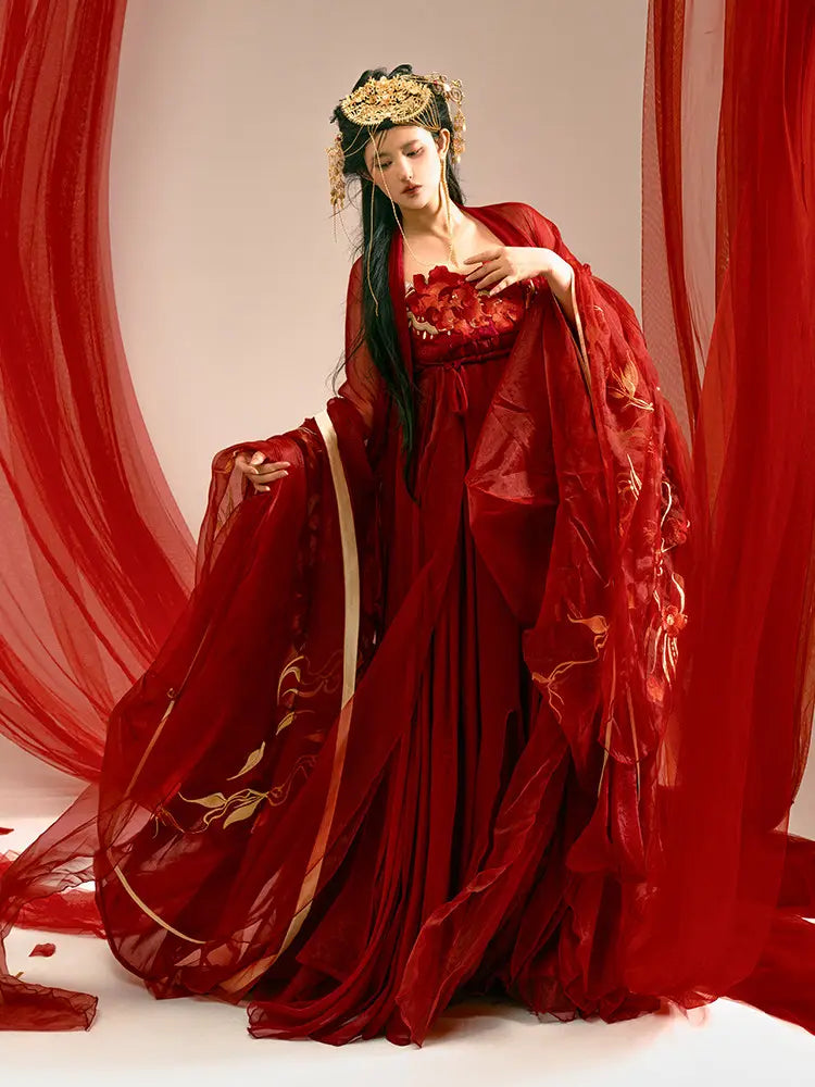 Traditonal Chinese Red Embroidered Tang Dynasty Hanfu Set