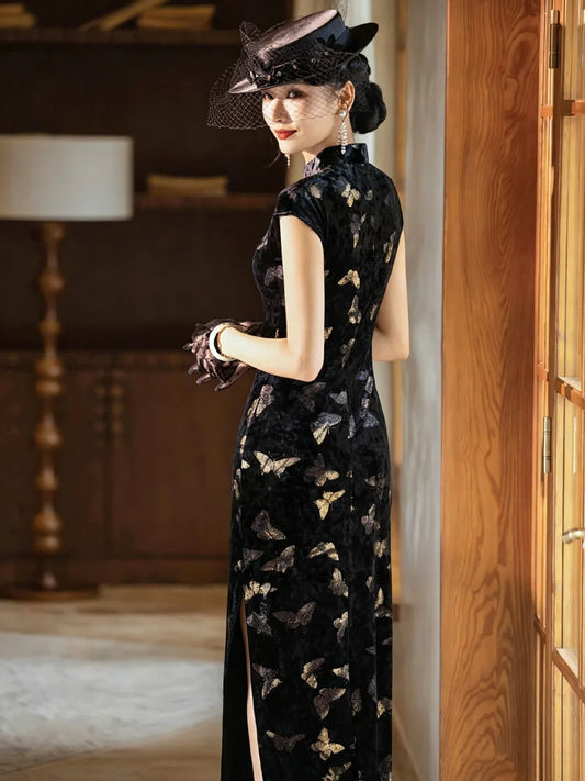 Velvet Cheongsam Black Vintage Shanghai Evening Dress