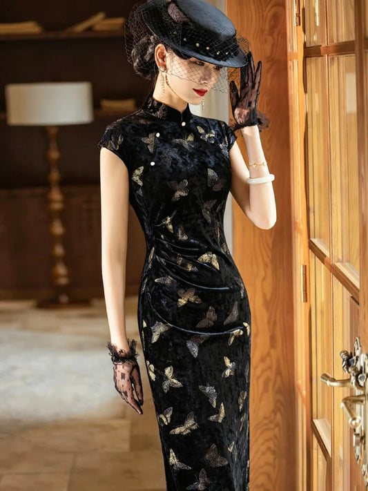 Velvet Cheongsam Black Vintage Shanghai Evening Dress