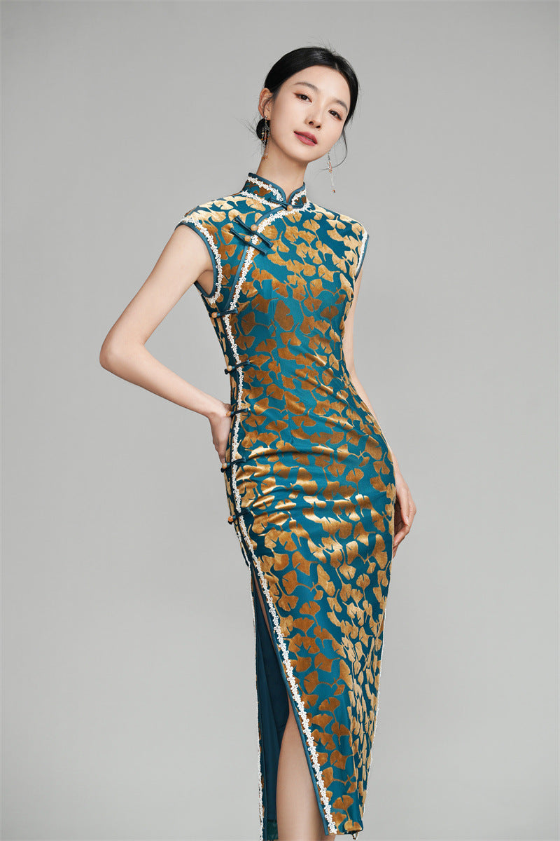 Velvet Ginkgo Leaf Floral Print Cheongsam Dress
