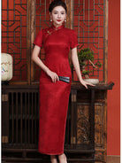 Vintage Red  Short Sleeve Mulberry Silk Jacquard Qipao