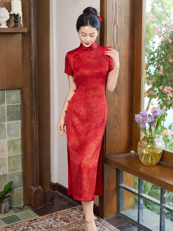 Vintage Shanghai Style Red Jacquard Qipao Dress