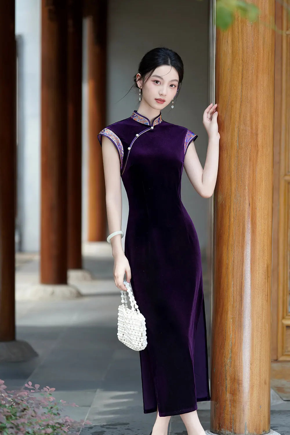 Violet Velvet Qipao Cheongsam Dress with Floral Trim