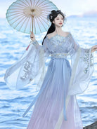 Wei Jin Dynasty Clothes embroidered cross-collar wide-sleeve skirt set for women