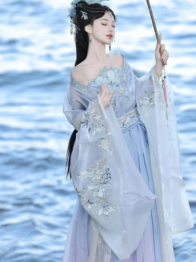 Wei Jin Dynasty Clothes embroidered cross-collar wide-sleeve skirt set for women