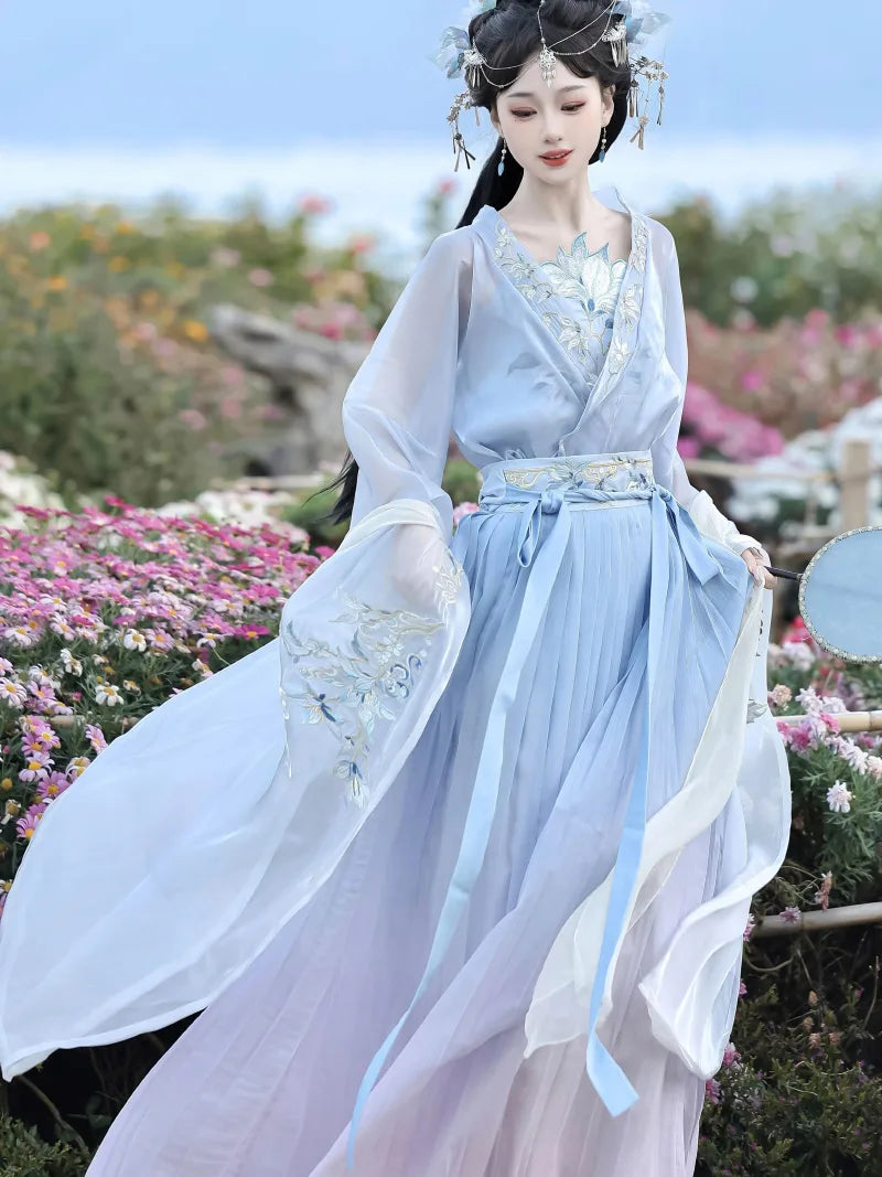 Wei Jin Dynasty Clothes embroidered cross-collar wide-sleeve skirt set for women