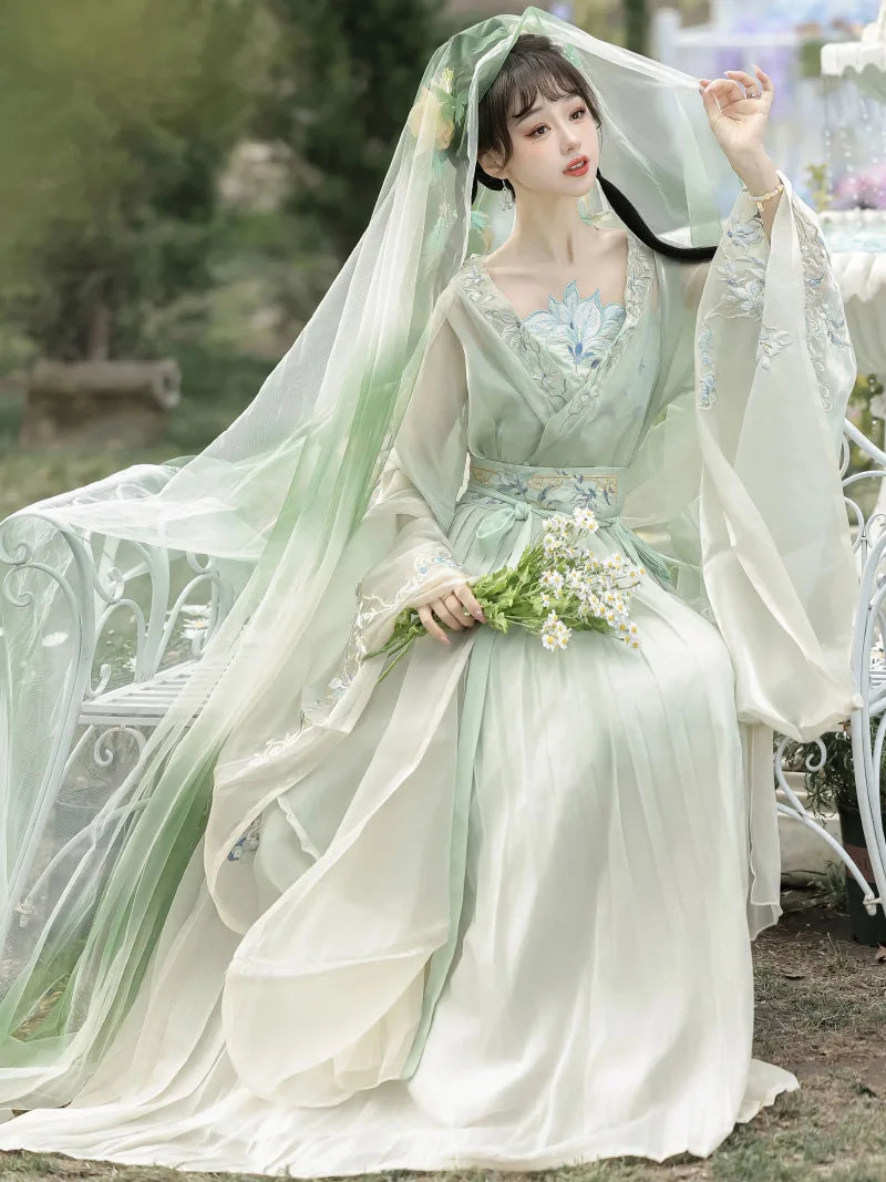 Wei Jin Dynasty Clothes embroidered cross-collar wide-sleeve skirt set for women