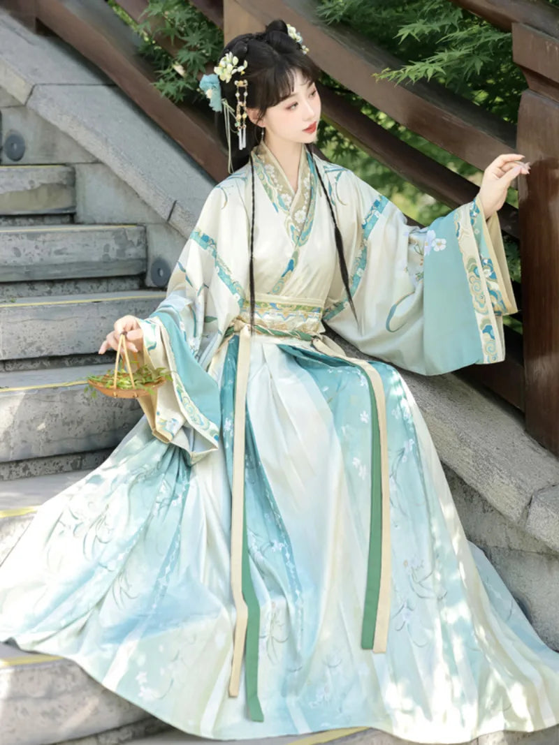 Elegant Wei Jin Dynasty Hanfu with cross-collar top and flowing Qiyao skirt design