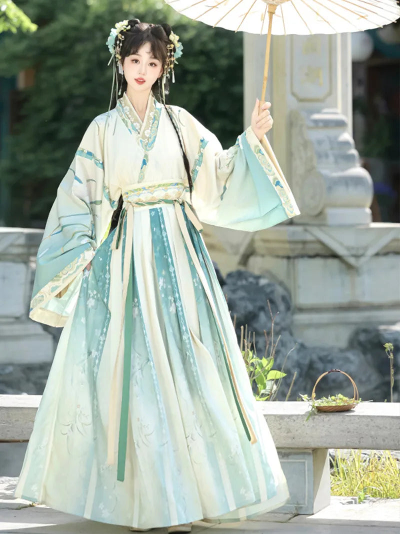 Elegant Wei Jin Dynasty Hanfu with cross-collar top and flowing Qiyao skirt design