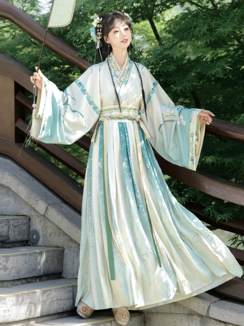 Elegant Wei Jin Dynasty Hanfu with cross-collar top and flowing Qiyao skirt design