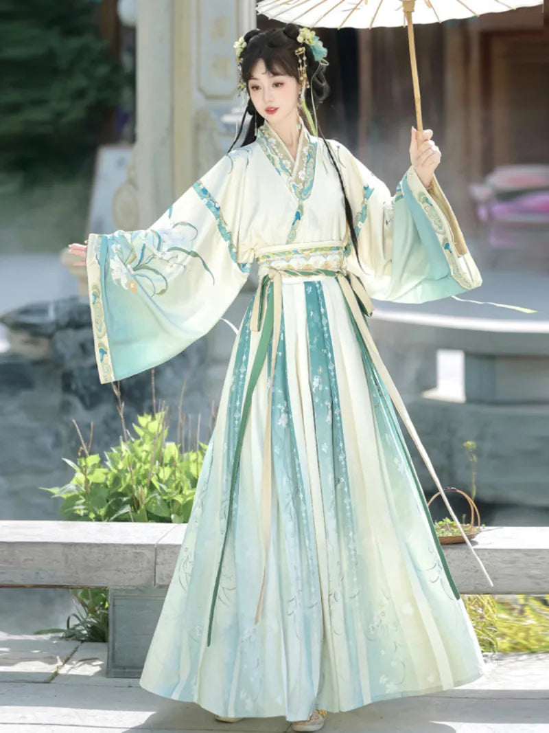 Elegant Wei Jin Dynasty Hanfu with cross-collar top and flowing Qiyao skirt design