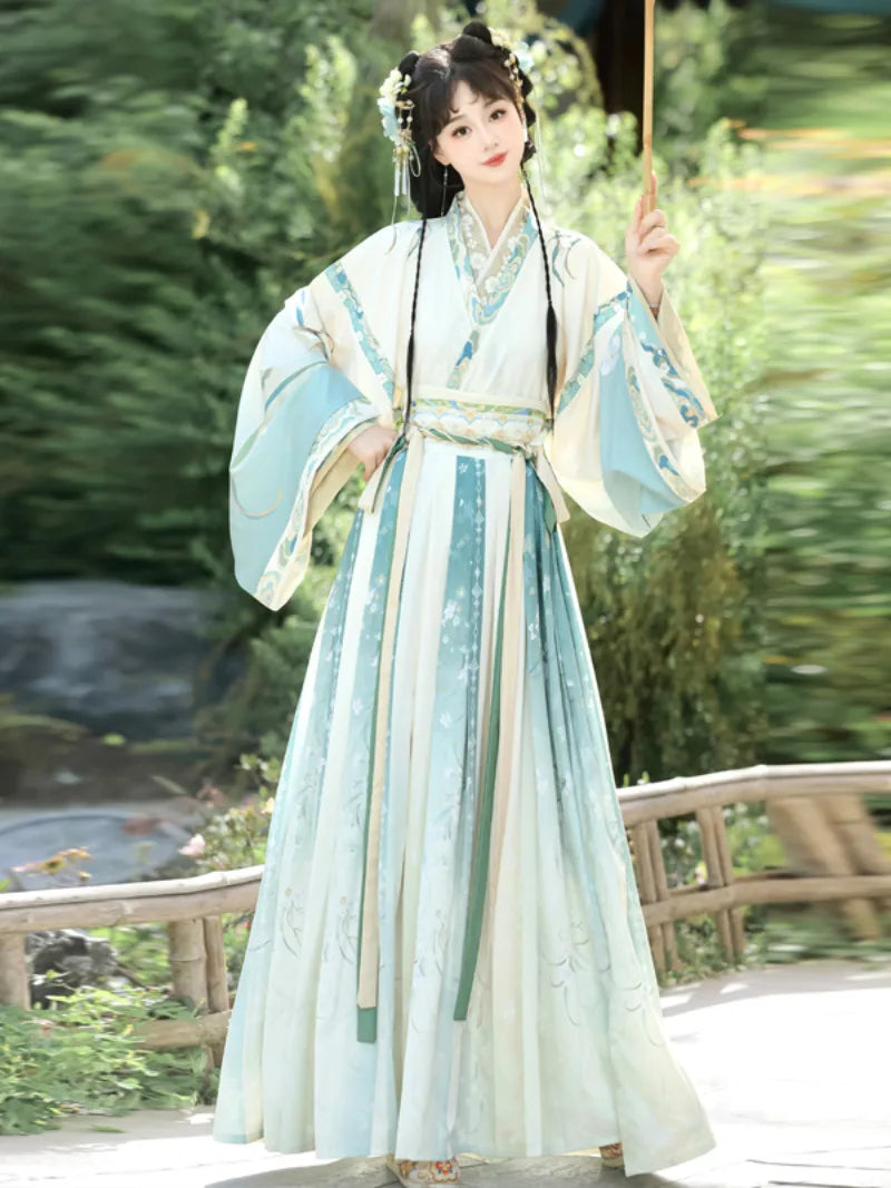Elegant Wei Jin Dynasty Hanfu with cross-collar top and flowing Qiyao skirt design
