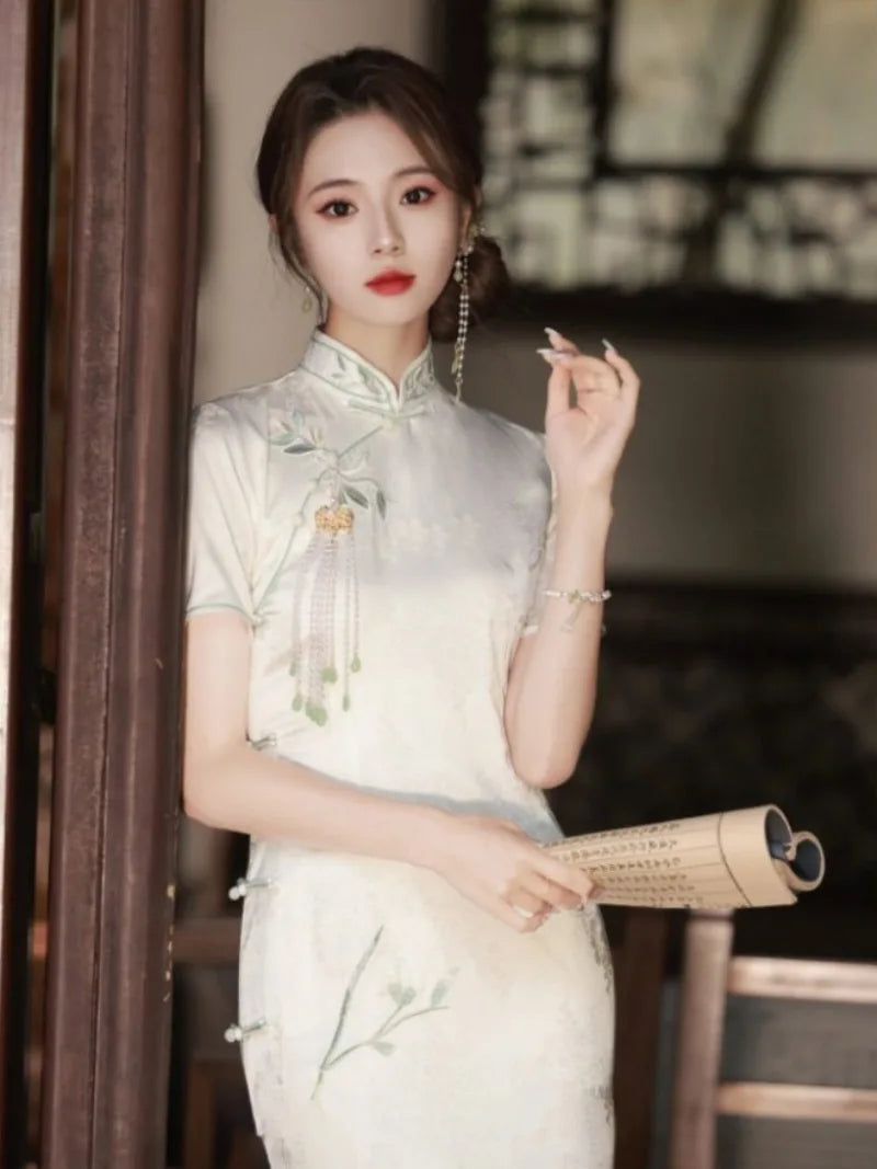 White Cheongsam dress with delicate embroidery, modern Chinese style, elegant summer silhouette