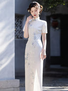 White Qipao Dress with modern Chinese style, stand collar and elegant slim silhouette