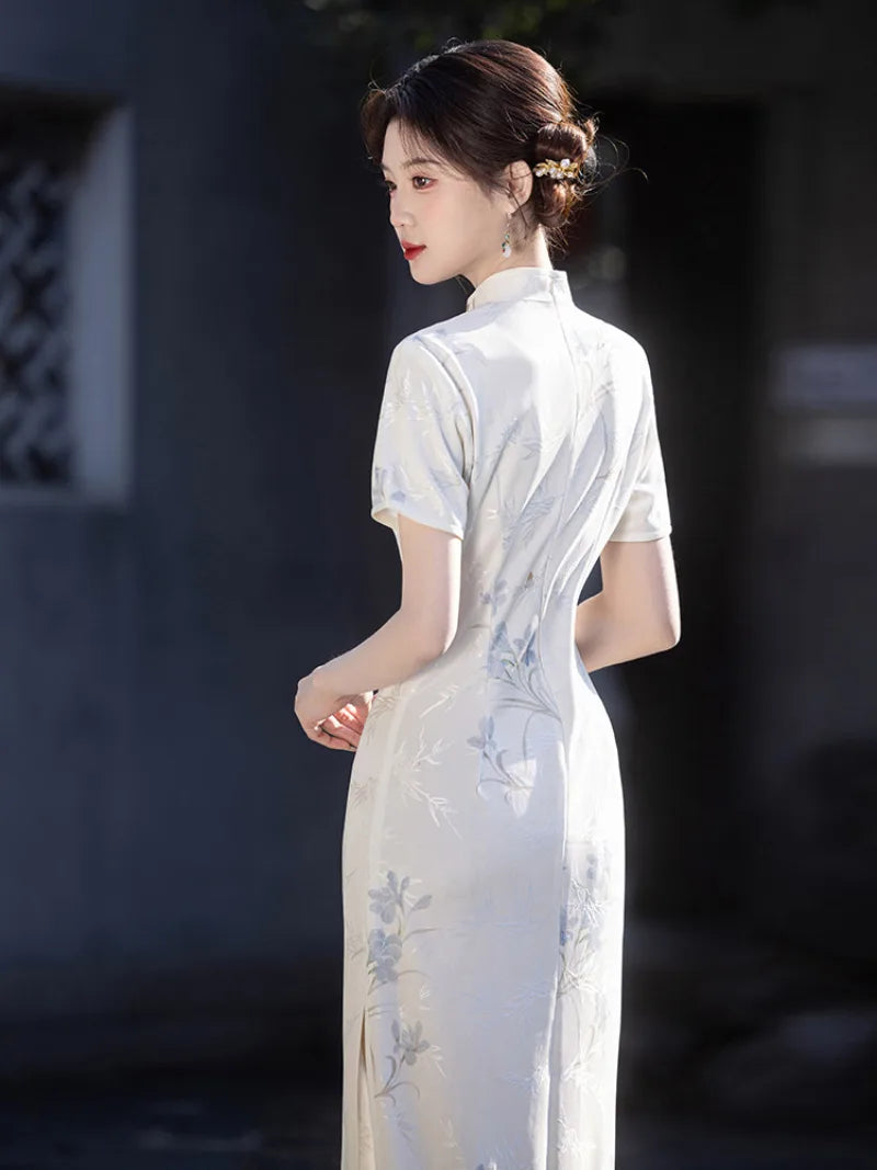 White Qipao Dress with modern Chinese style, stand collar and elegant slim silhouette