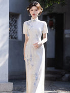 White Qipao Dress with modern Chinese style, stand collar and elegant slim silhouette