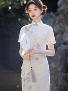 White Qipao Dress with modern Chinese style, stand collar and elegant slim silhouette