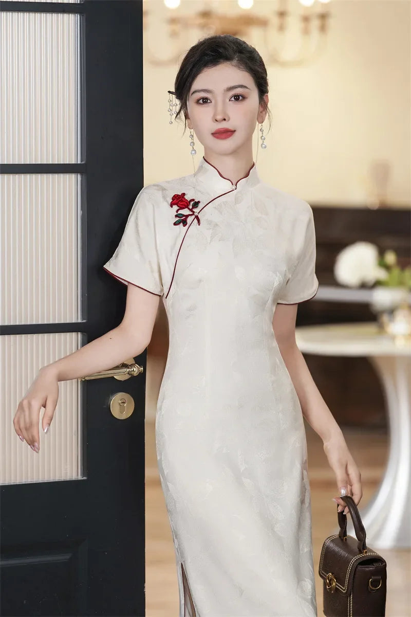 White Jacquard Qipao Cheongsam Dress With Red Trim