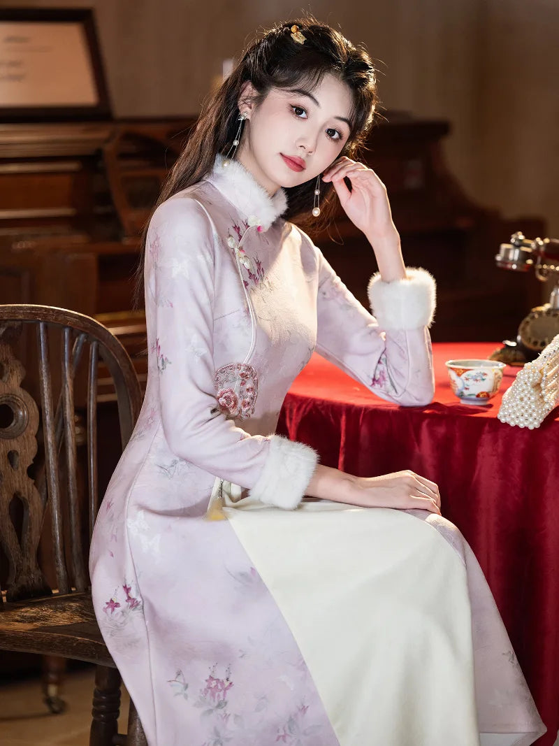 Winter Cheongsam in soft pink with thickened fabric, long sleeves and classic Chinese inspired design for petite women