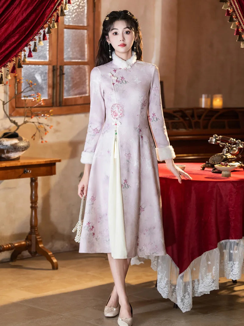 Winter Cheongsam in soft pink with thickened fabric, long sleeves and classic Chinese inspired design for petite women