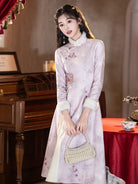 Winter Cheongsam in soft pink with thickened fabric, long sleeves and classic Chinese inspired design for petite women