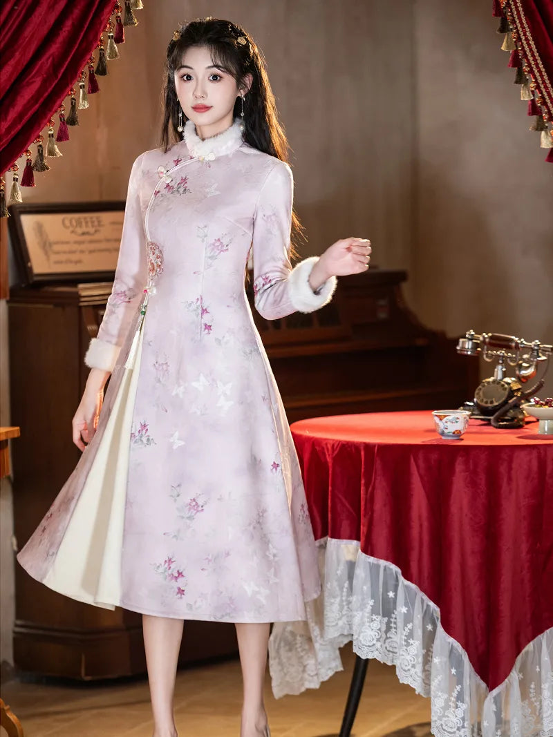 Winter Cheongsam in soft pink with thickened fabric, long sleeves and classic Chinese inspired design for petite women