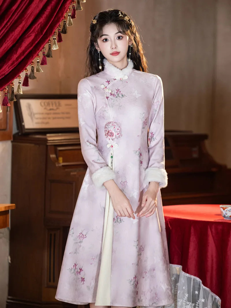 Winter Cheongsam in soft pink with thickened fabric, long sleeves and classic Chinese inspired design for petite women