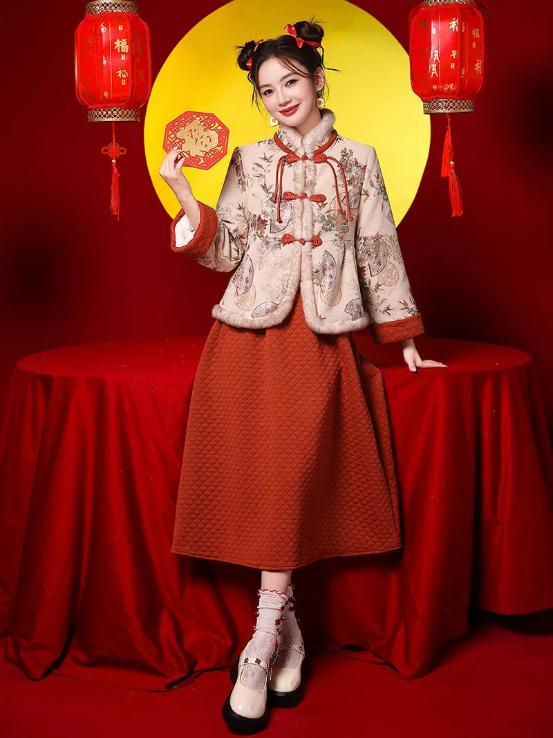 Winter Tang costume two-piece set with plush collar and caramel brown skirt