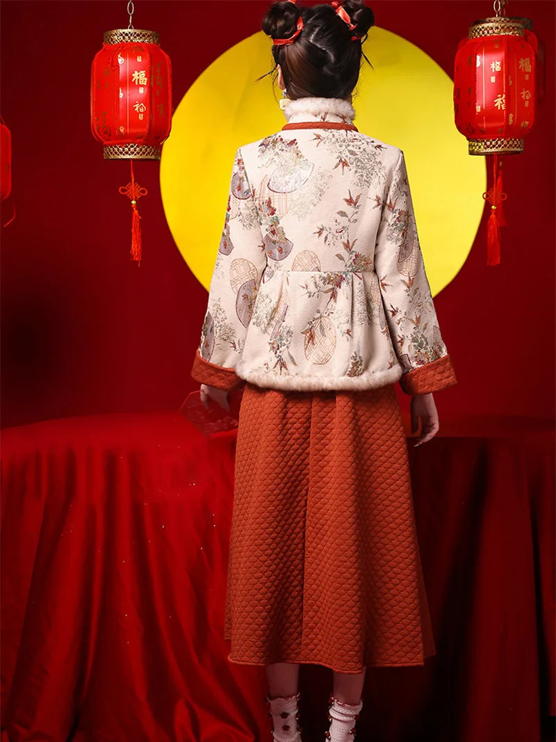 Winter Tang costume two-piece set with plush collar and caramel brown skirt