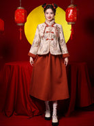 Winter Tang costume two-piece set with plush collar and caramel brown skirt