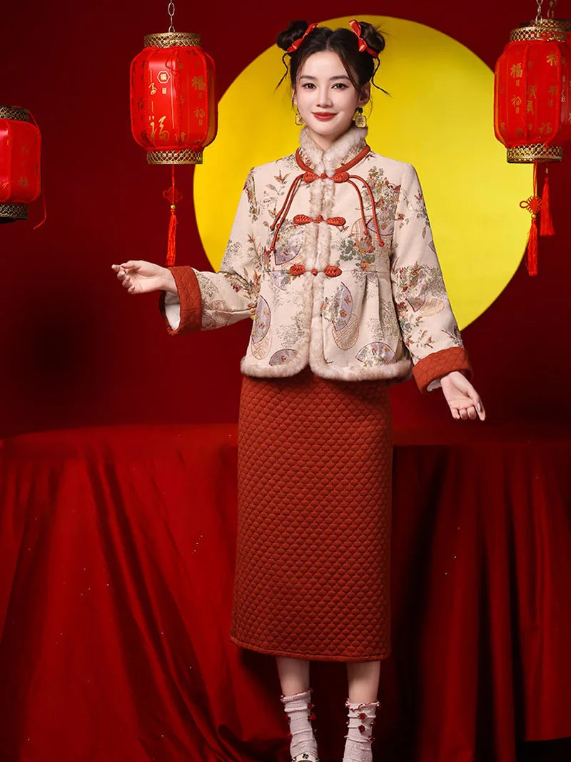 Winter Tang costume two-piece set with plush collar and caramel brown skirt