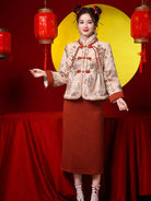 Winter Tang costume two-piece set with plush collar and caramel brown skirt