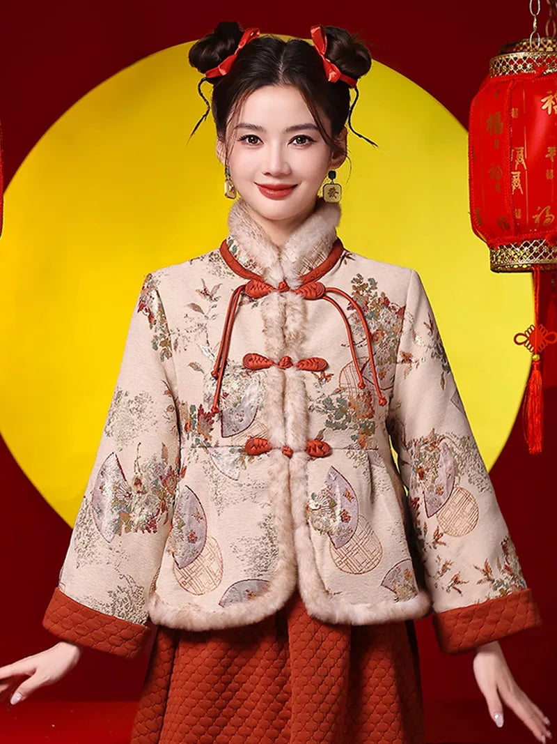 Winter Tang costume two-piece set with plush collar and caramel brown skirt