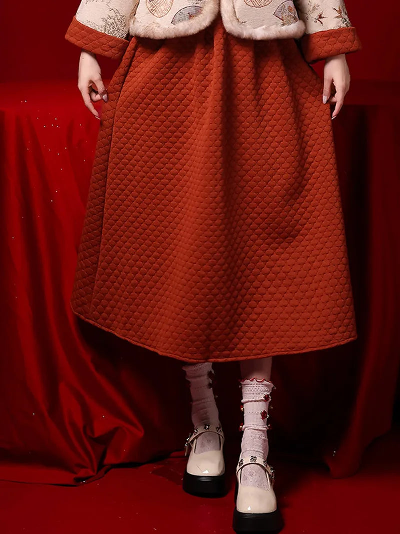 Winter Tang costume two-piece set with plush collar and caramel brown skirt