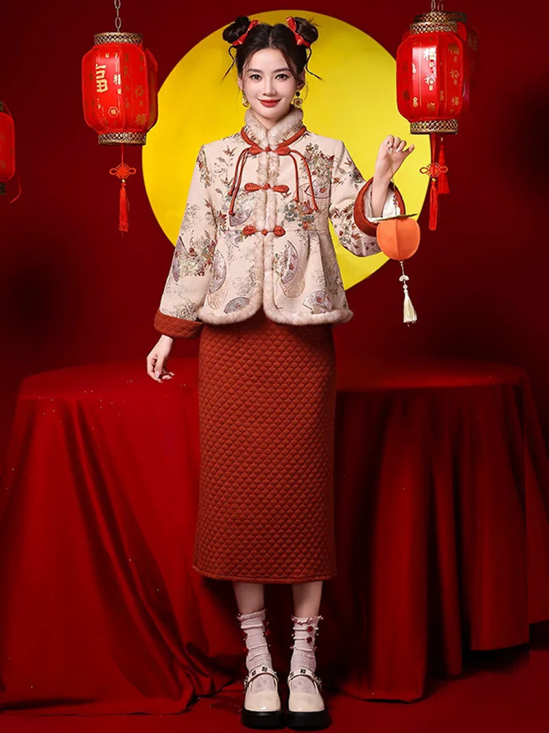 Winter Tang costume two-piece set with plush collar and caramel brown skirt