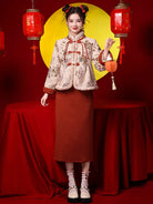 Winter Tang costume two-piece set with plush collar and caramel brown skirt