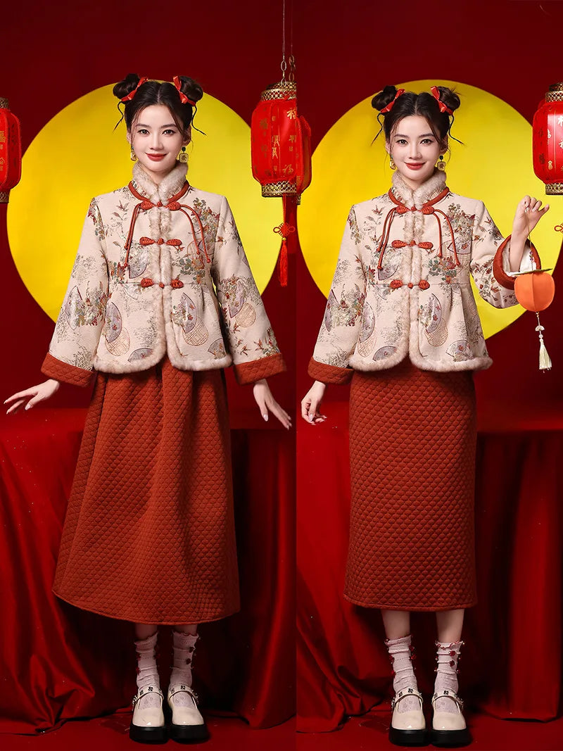 Winter Tang costume two-piece set with plush collar and caramel brown skirt