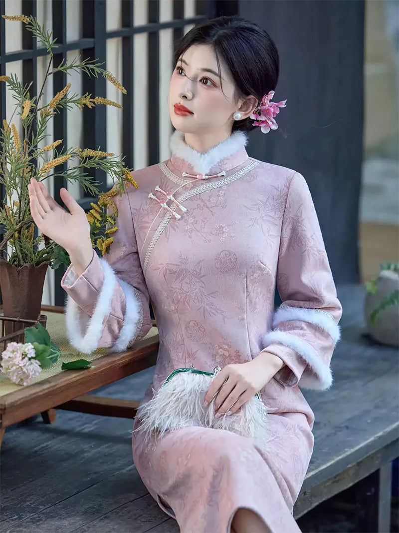 Winter retro Chinese style cheongsam in blush pink with plush trim and bamboo texture