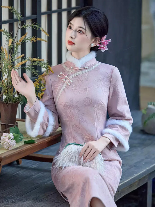 Winter Retro Chinese Style Cheongsam with Plush Trim